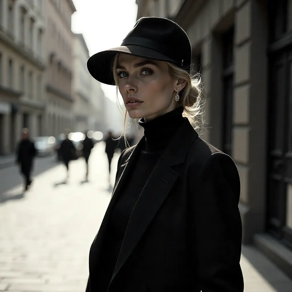 Elegant kvinna i modern outfit på stadsgata